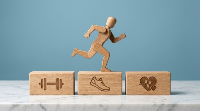 Wooden human figure running on top of three blocks with gym icons