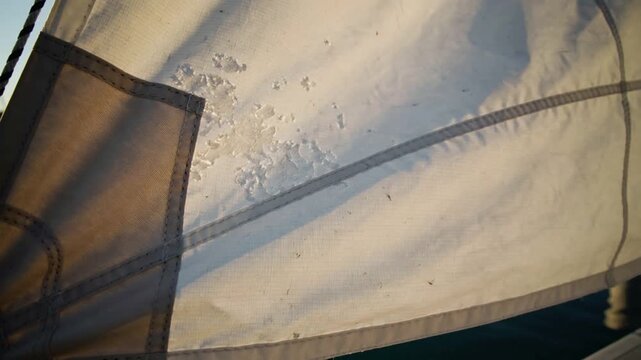 Billowing off-white sail shifting in marina in light breeze, revealing reinforced corner and salt