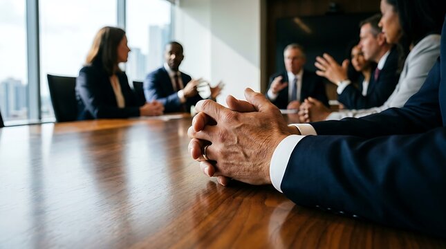 Clasped hands on wooden conference table, business meeting