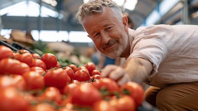Smiling mature man selecting fresh ripe tomatoes at a vibrant farmer's market stall