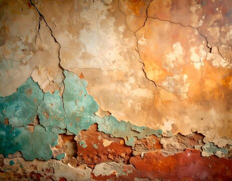 Close-up of peeling paint on aged wall, showing cracks and exposed layers