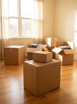 Cardboard boxes in sunlit room moving boxes packed boxes