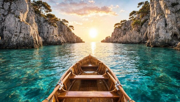 Wooden rowboat floating on clear turquoise water between high limestone cliffs at sunset in France