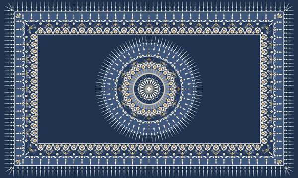 Luxury blue and gold dot mandala carpet pattern with ornamental border design on dark navy background, luxury ethnic vector art.