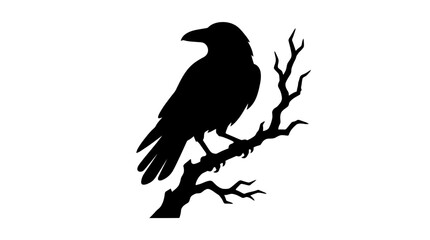 Fototapeta premium Black silhouette of a crow perched on a bare tree branch isolated on white background.