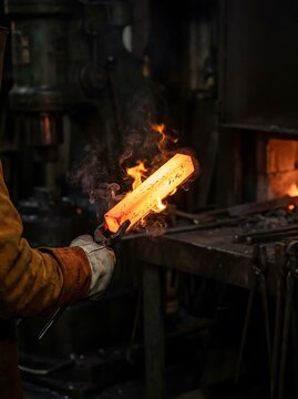 Blacksmith holding glowing hot metal with tongs glowing metal