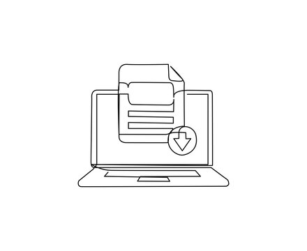 A minimalist line drawing depicts a laptop with a document icon on its screen.