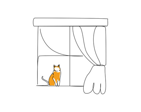 A minimalist line drawing depicts a window with a curtain pulled to one side.