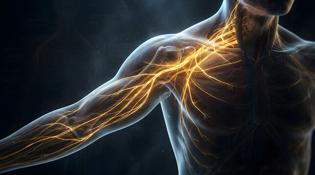 human peripheral nervous system anatomy of arm and hand with illuminated nerves