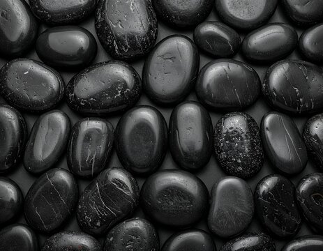 Close-up of smooth, dark, wet river rocks arranged in a pattern, creating a textured surface