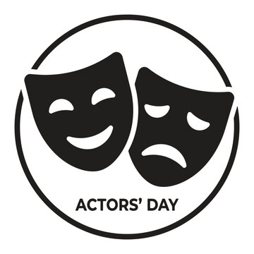 Minimalist black and white vector illustration featuring comedy and tragedy theater masks inside a circular frame for actors day celebration