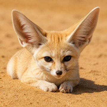 Fennec fox resting on warm desert sand with ears alert