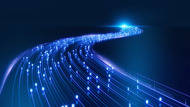Binary data moving on a digital road, Streaming data, - Digital Code road, ai, artificial intelligence concept