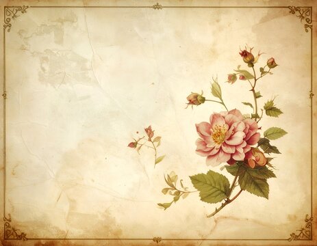 Vintage floral print on aged paper. Includes a pink flower, buds, and green leaves
