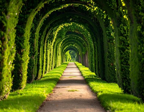 A long garden path lined with archways of green foliage, sunlight streaming through
