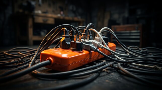 Overloaded orange power strip with plugs showcasing tangled cables, connected electrical sockets and potential fire hazard, concept for energy overload and electrical safety risk