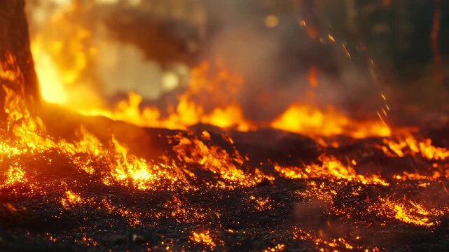 A fiery scene of nature's wrath with red and orange flames devouring the landscape.