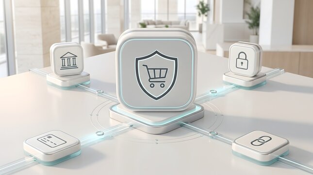 Secure checkout payment security architecture concept displaying digital shopping cart shield integrated with banking modules