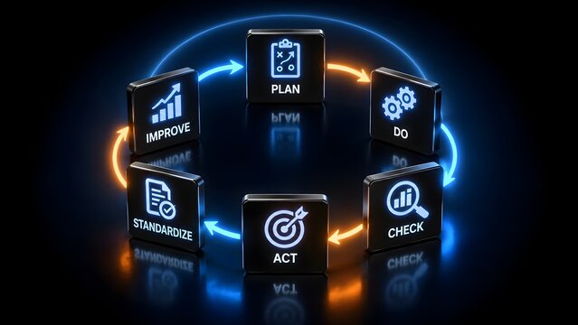 Sleek dark tiles with blue and orange glowing neon icons illustrating the Plan-Do-Check-Act (PDCA) continuous improvement cycle for quality management.