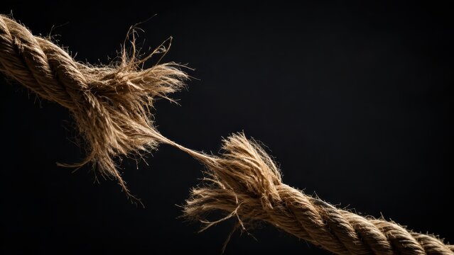 Frayed rope pulled to its last strand breaking point concept