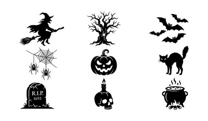 Fototapeta premium Halloween horror icon collection with witch, bats, pumpkin, black cat and haunted tree in black silhouette style. Concept of spooky night, scary festival, horror decoration and minimal vector design.