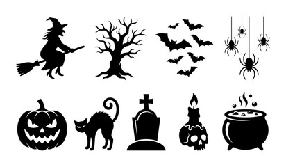Fototapeta premium Halloween black silhouette icon set with haunted tree, witch, bats, black cat, tombstone and magic cauldron. Concept of scary holiday, supernatural, haunted night, gothic design and infographic illust
