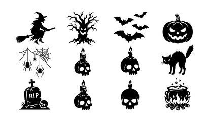 Fototapeta premium Halloween horror icon collection with witch, bats, pumpkin, black cat and haunted tree in black silhouette style. Concept of spooky night, scary festival, horror decoration and minimal vector design.