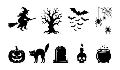 Fototapeta premium Spooky Halloween symbols set featuring witch on broom, flying bats, spider web, jack-o-lantern, skull and cauldron. Concept of Halloween celebration, horror, mystery and dark vector illustration.