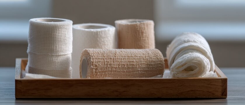Collection of medical bandages and gauze rolls in a wooden tray. First aid supplies for wound care and injury treatment. Healthcare equipment for clinical setting and home health.