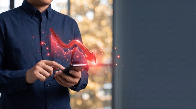 Businessman using smartphone showing red stock market crash graph