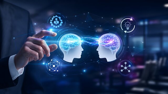 Businessman touching holographic interface showing two glowing brains connecting, representing knowledge transfer, collaborative brainstorming, and artificial intelligence.
