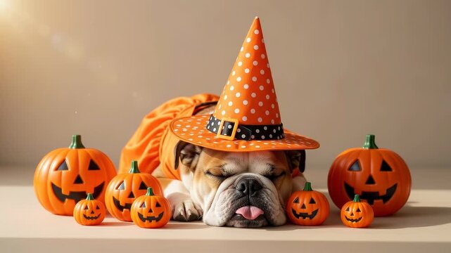 Sleeping bulldog wearing a witch hat surrounded by pumpkins