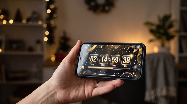 Smartphone displaying New Year countdown timer with festive background