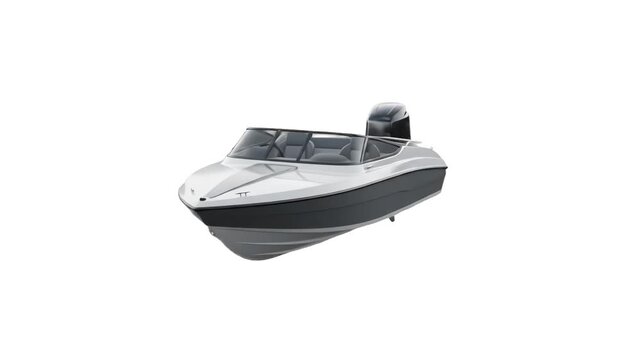 A detailed 3D model of a modern, luxury outboard speedboat. The hull is two-tone, white (upper) and dark gray (lower), with multiple black seats, a windshield, steering wheel, and a powerful single bl