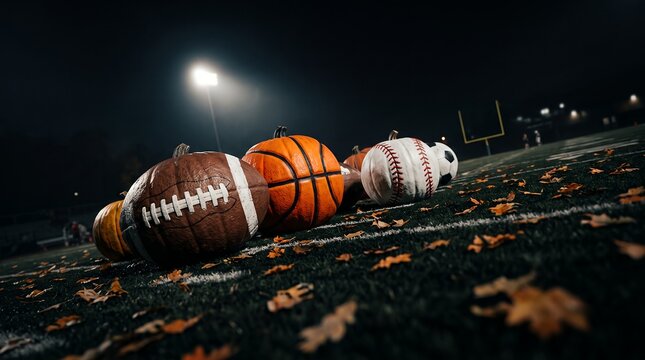 Painted sports ball pumpkins on a football field featuring american football texture, basketball design and baseball theme, concept for autumn sports season and halloween celebration