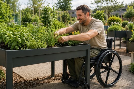 Gardener in wheelchair tending raised accessible garden bed