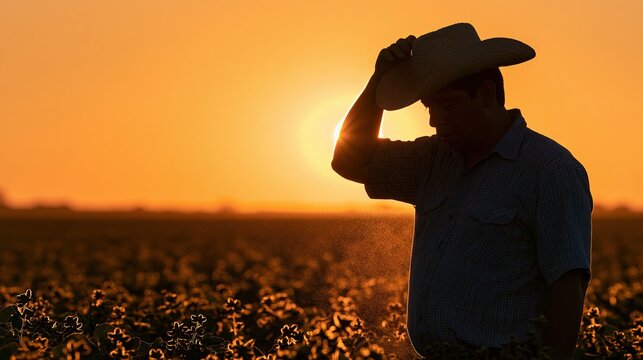 Silhouette of a farmer tipping his hat in a vast field at sunset, embodying agricultural labor and golden hour beauty