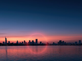 Naklejka premium Vibrant sunset paints the sky over a modern city skyline reflected in calm water