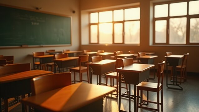 golden hour light streams into empty classic high school classroom showing vintage wooden desks for education and nostalgia setting professional backdrop