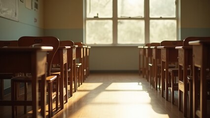 Fototapeta premium atmospheric empty high school classroom with natural light on wooden desks for education background setting mood corporate