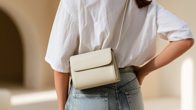 Chic Crossbody Bag: A stylish, minimalist crossbody bag rests casually on the hip of a person wearing a white shirt and denim jeans, exuding effortless chic and modern fashion.