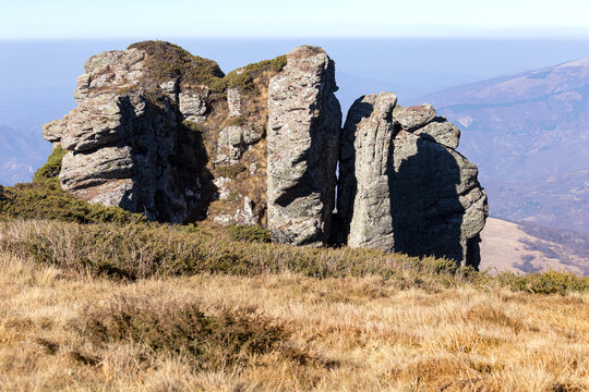 View of the Stara planina rock formation rising above the dry mountain landscape in Babin zub, Pirot District, Serbia.