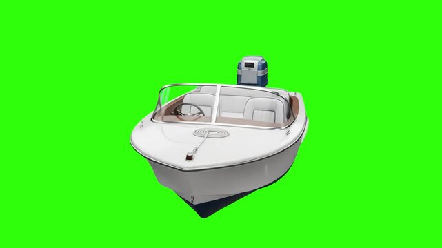 A detailed 3D motorboat shown from a low front angle against a bright green screen background. This isolated digital render is suitable for video compositing and maritime travel visual assets.