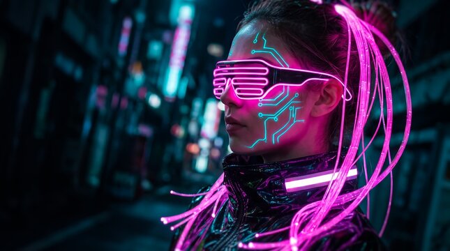 Futuristic cyberpunk woman featuring glowing neon glasses, illuminated fiber optic hair and cyan circuit face tattoos, concept for virtual reality lifestyle and advanced sci-fi technology