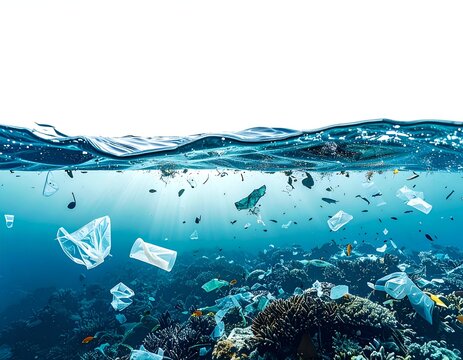 Underwater scene depicts ocean pollution, with plastic debris floating amidst a coral reef