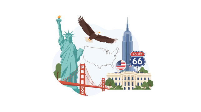 USA Travel Illustration with Famous Landmarks Statue of Liberty Golden Gate Bridge and Route 66 Sign