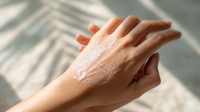 A close-up shot captures a woman?s hands applying a white lotion to her skin.