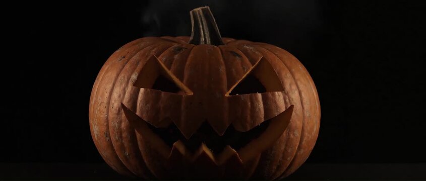 Old Jack-O-Lantern Lighting Up Against Black Background
