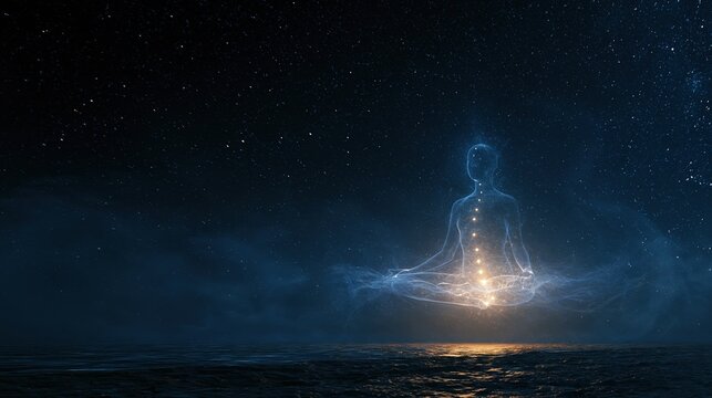Serene Human Silhouette Meditating Under Starry Night Sky with Glowing Energy Aura