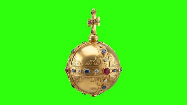 Exquisite 3D render of a golden royal globus cruciger orb encrusted with precious jewels and glowing magical sparkles floating against a green screen keying background. Great for fantasy videos, histo